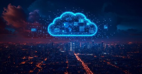 Man finger touch cloud service hologram and global data backup. Copy space
