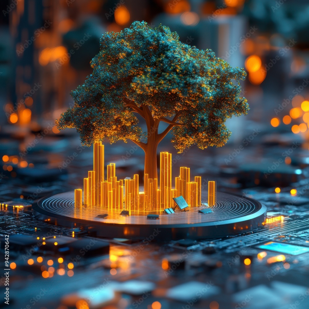 Aufkleber 3d image of a tree with a bar graph in the foreground. the background is about graphs, statistics, c