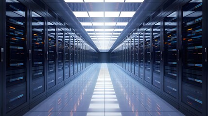 Futuristic Data Center with Illuminated Server Racks and Reflective Flooring