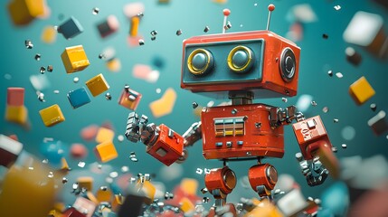A vibrant robot gingerly organizes an array of floating colorful blocks amid a soft focus background, exuding creativity and playfulness, as elements hover around in delightful chaos.