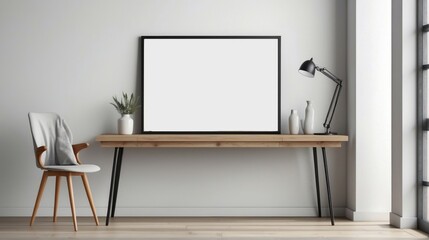 Minimalist Home Office with a Blank Canvas and Wooden Desk