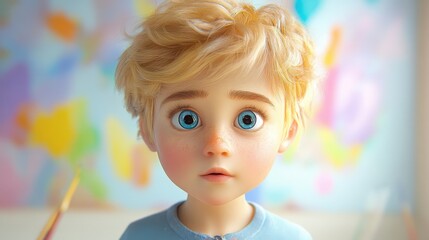 Fototapeta premium A cartoon boy with blue eyes and blonde hair is looking at the camera. The background has a colorful painting, which adds a playful and artistic touch to the scene