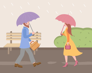 man and woman under rain with umbrellas, passersby. Vector Illustration for printing, backgrounds and packaging. Image can be used for greeting cards and posters. Isolated on white background.