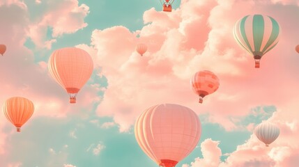 seamless pattern, Colorful hot air balloons floating among fluffy clouds against a serene pastel sky, creating a dreamy and whimsical atmosphere.