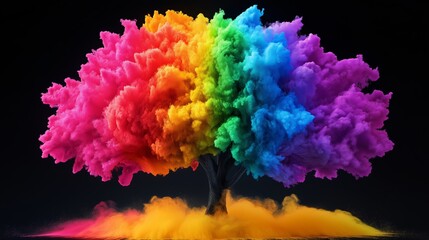 Fototapeta premium A tree with rainbow colored leaves is surrounded by a cloud of smoke. The smoke is colorful and vibrant, creating a sense of wonder and excitement. The tree appears to be a symbol of growth