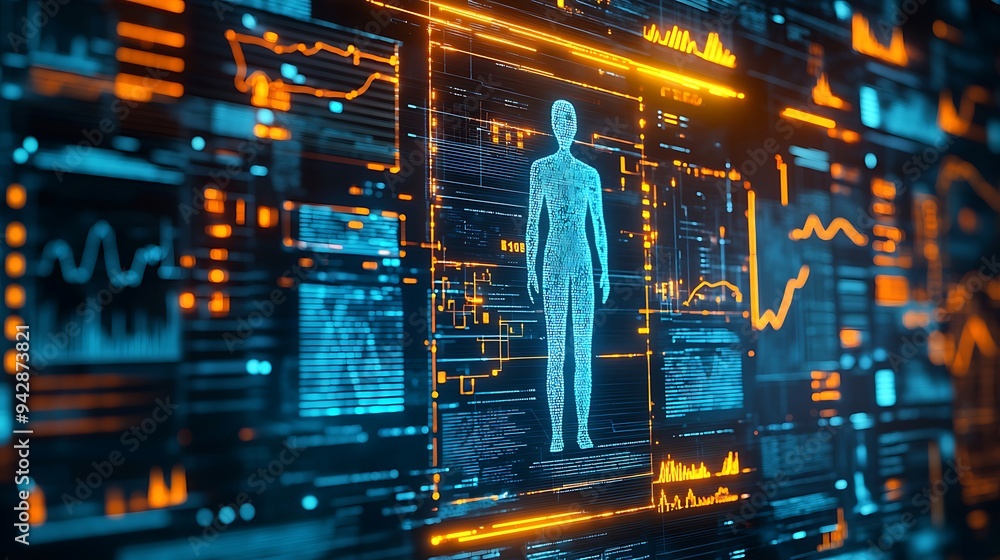 Poster a digital human body scan displays data analytics and graphs, merging technology with health insight