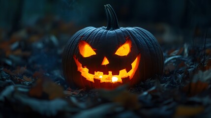 Fototapeta premium Creatively carved pumpkin glowing with an eerie face on a dark autumn night