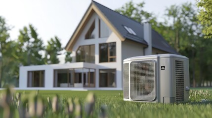 Air conditioner unit in front of a modern house in a green lawn.