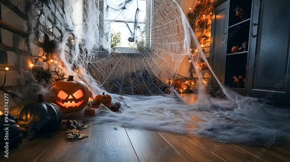 Wall mural oversized spider web spread across a corner with halloween decorations around