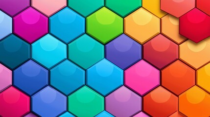 A colorful hexagonal pattern with a rainbow of colors. The pattern is made up of many small squares, each with a different color. Scene is bright and cheerful