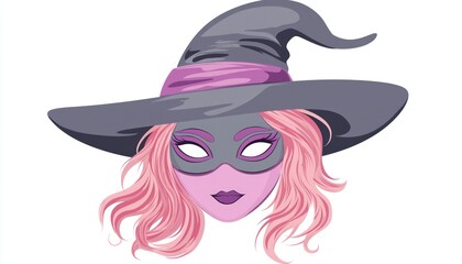 Clip art style gray witch mask with magenta hair, simple design.