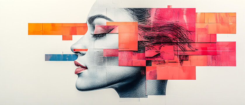 A vibrant, abstract mural featuring a woman's profile, combining bold colors and geometric patterns for a modern artistic touch.