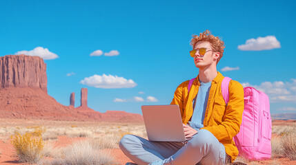 A young man meditating outdoors in a vibrant desert landscape, using a laptop, showcasing remote work and adventure.