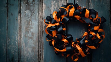 Halloween wreath made with black and orange ribbons hanging on a rustic door