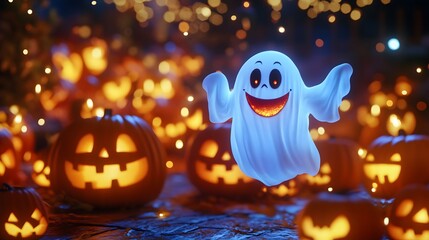 Friendly ghost floating among carved pumpkins in a Halloween display