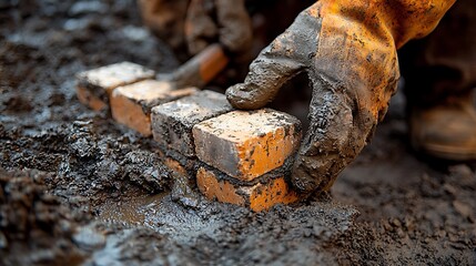Fototapeta premium A worker carefully placing a brick on a wall, with a hammer and other tools by their side 