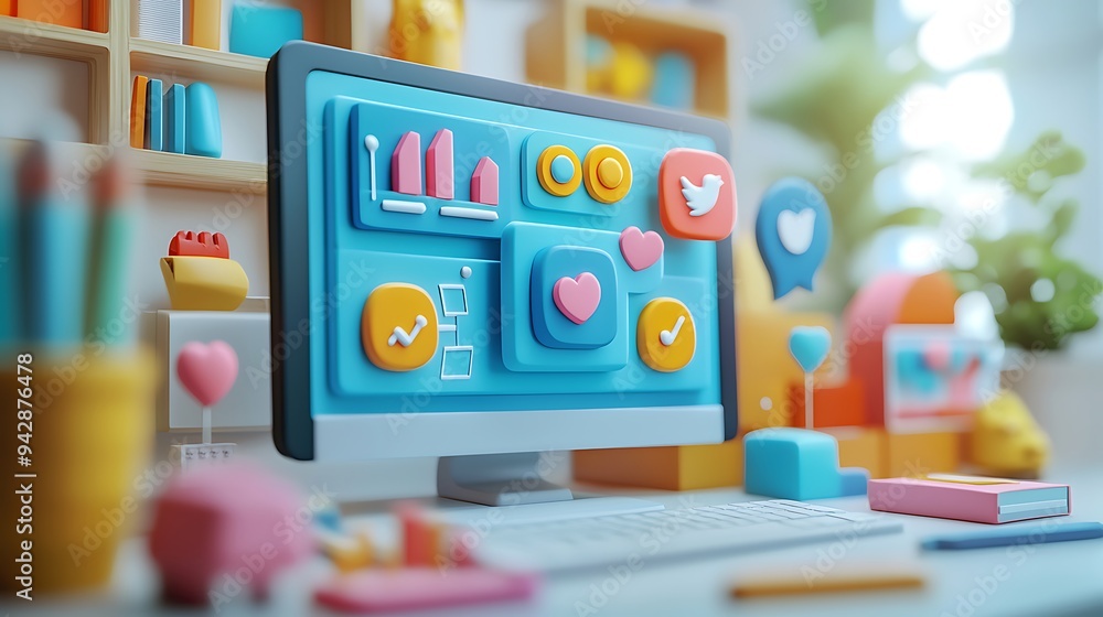 Aufkleber a computer desktop comes alive with social media icons and charts, a hub of digital interaction and 
