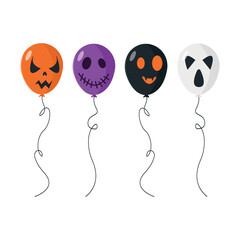 Set of helium balloons for Halloween on white background. Set of scary faces and patterns.