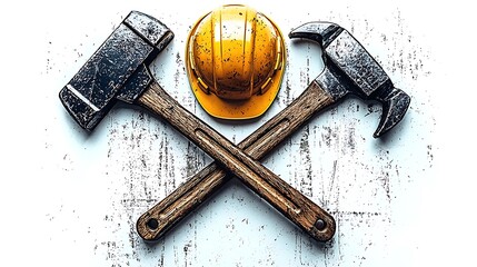A minimalist design featuring a hammer crossed with a wrench, with a safety helmet hanging above 
