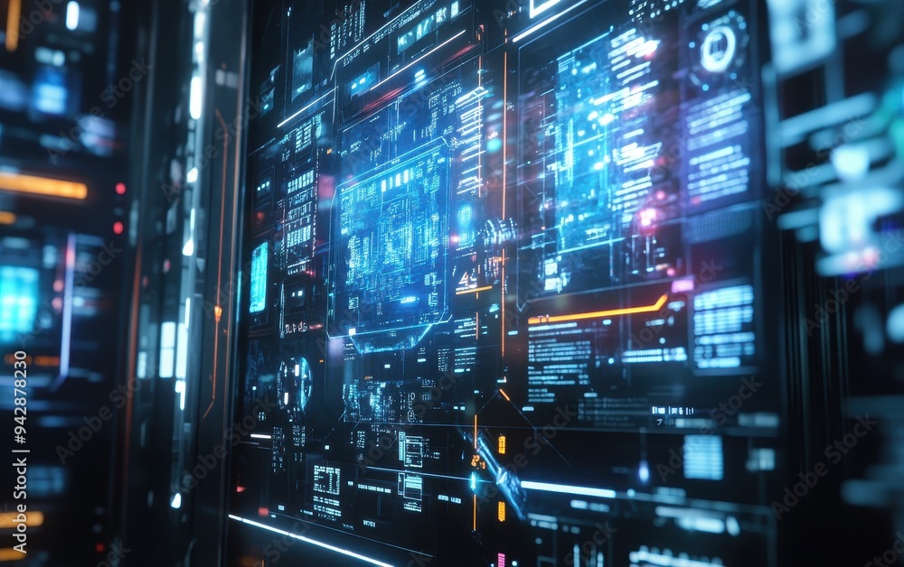 Aufkleber futuristic digital interface with glowing blue and orange lines and data on multiple screens.