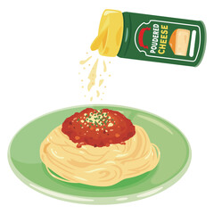 粉チーズが振りかけられる皿に盛られたパスタ