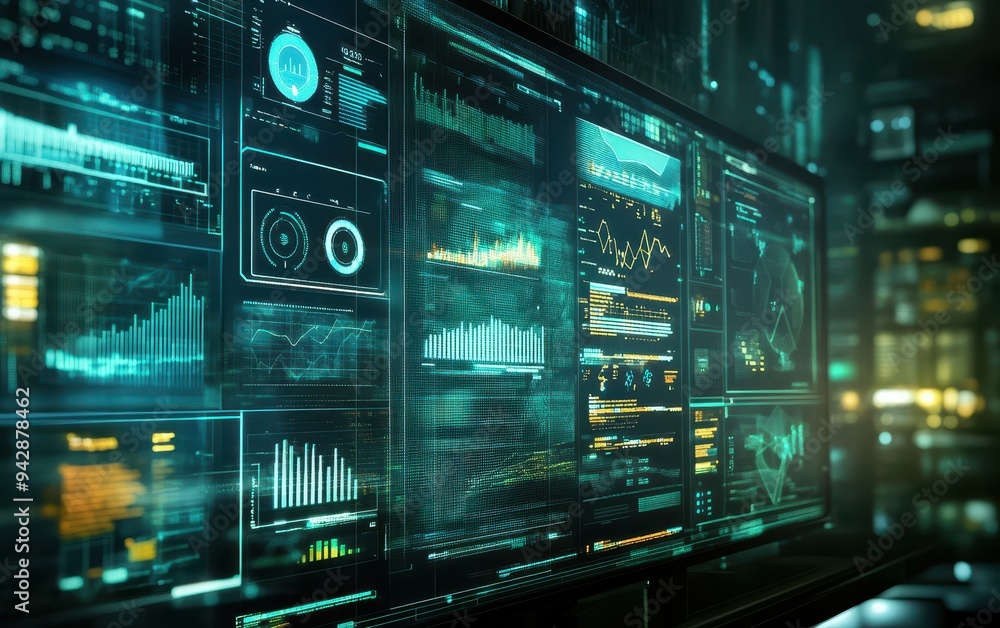 Aufkleber futuristic technology interface with green and yellow data displays on a large screen.