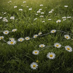 An intricate outline of a daisy chain, with each flower connected, set against a lush green meadow background.

