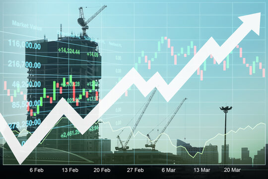 Stock financial index data forecast on construction industry investment growth with graph, chart, candlesticks and arrow up on silhouette skyscraper site and working tower crane.