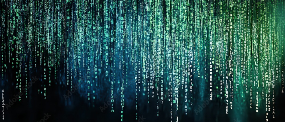 Poster abstract digital code stream - green and blue binary data flowing downward