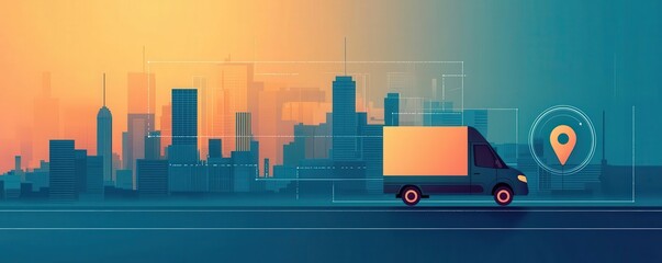 Animated-style depiction of a delivery van driving through a city with tracking markers appearing along the route, urban delivery, tracking journey