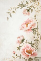 Watercolor Peony Floral Border on Textured Background.