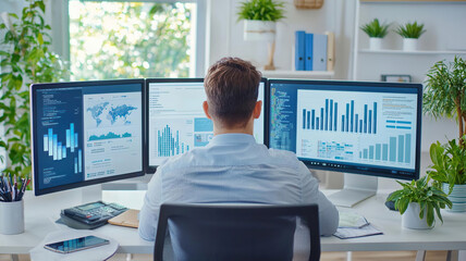 Businessman in a modern office analyzing e-commerce data with multiple screens displaying tracking information, data analysis, business strategy