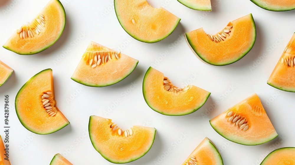 Poster Close-up of sliced cantaloupe melon arranged in a repeating pattern on white background.