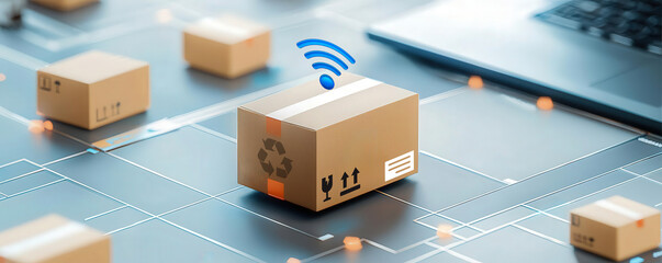 Graphic of a parcel traveling through various checkpoints with tracking updates at each stage, milestone tracking, delivery process