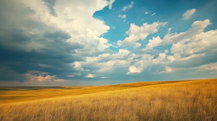 A sweeping view of a vast prairie under a dramatic cloudy sky, leaving room for text. Great for rural, nature, or outdoor activity promotions.