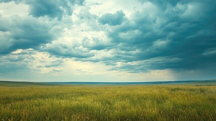 Obraz premium A sweeping view of a vast prairie under a dramatic cloudy sky, leaving room for text. Great for rural, nature, or outdoor activity promotions.
