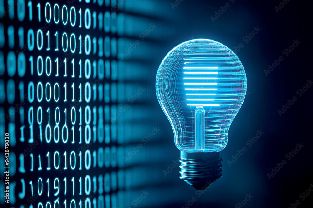 Poster a glowing light bulb against a backdrop of binary code, symbolizing innovation and technology in the