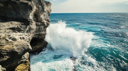 Fototapeta premium A stunning cliffside view of the ocean with waves crashing against the rocks, offering space for text above. Perfect for coastal, travel, or adventure themes.