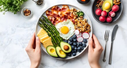 Ketogenic diet meal preparation female hands serving red plate