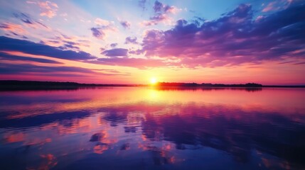 Fototapeta premium A stunning sunset over a tranquil lake, reflecting vibrant colors with plenty of space for text. Perfect for relaxation, nature, or seasonal themes.