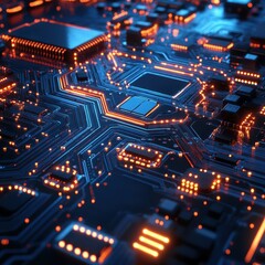 Close-up of Illuminated Circuit Board with Orange and Blue Glow.