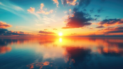 A stunning sunset over a tranquil lake, reflecting vibrant colors with plenty of space for text. Perfect for relaxation, nature, or seasonal themes.