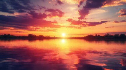 Fototapeta premium A stunning sunset over a tranquil river with reflections of the sky, leaving room for text. Ideal for relaxation, nature, or evening-themed designs.