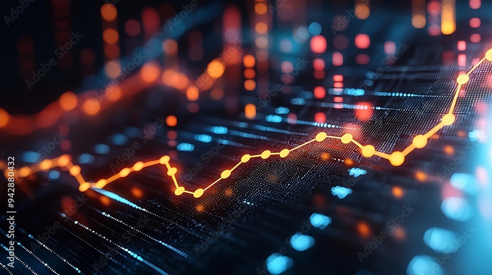 Poster an abstract technology background features an upward trend line, symbolizing growth and progress in 