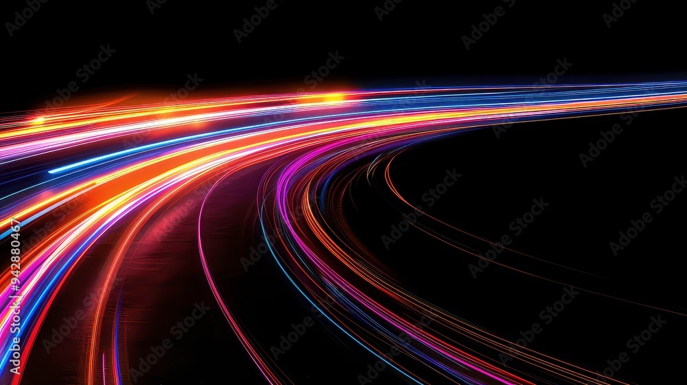 Poster abstract image of colourful streaks of light forming a curved pattern against a black background.