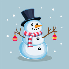 Snowman in a hat and scarf with Christmas toys on the branches Character and symbol of winter, Christmas and New Year Vector illustration on an isolated background