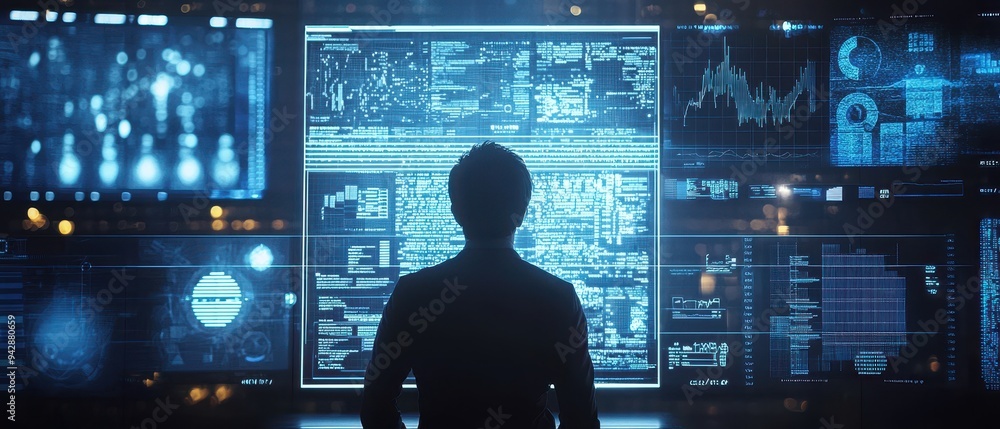 Poster silhouette of a person in front of a complex digital display