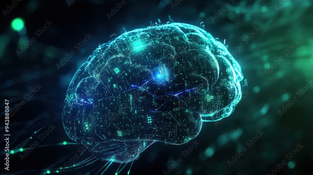 Poster abstract digital brain with circuitry and lines.