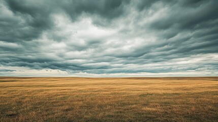 A sweeping view of a vast prairie under a dramatic cloudy sky, leaving room for text. Great for rural, nature, or outdoor activity promotions.