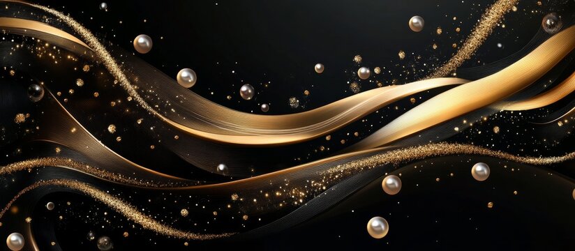 Luxurious abstract art: golden waves flowing on a black background with pearls and glitter